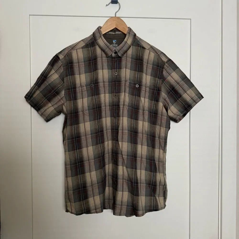 KUHL Shirt Mens Sz L Brown Tapered Fit Plaid Short Sleeve Linen Cotton Outdoor